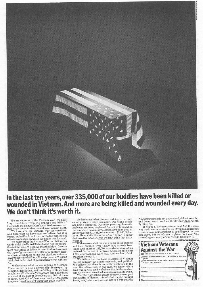 A 1971 ad VVAW ran, which explained their reasons for protesting the war. This ad was funded by Hugh Hefner.