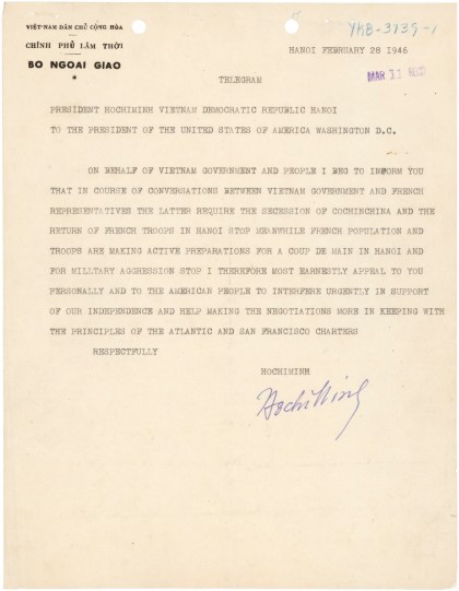 The telegraph that Ho Chi Minh sent to US President Truman on Feb. 28, 1946.